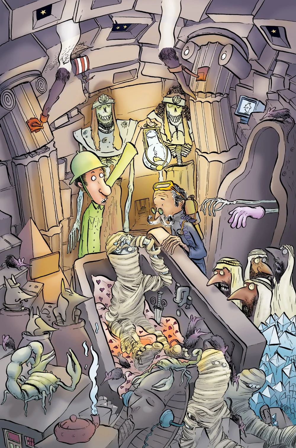 Anomalie Puzzle Cartoon - a mummy, scientists, a zombie, and skeletons - what lurks within?