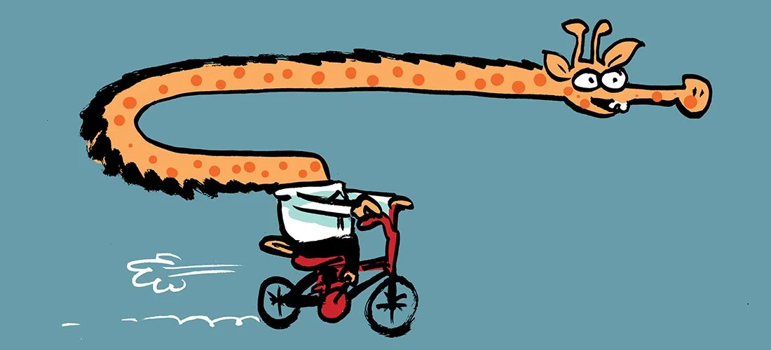 A cartoon giraffe with an elongated neck riding a bicycle, with a person holding the handlebars and wearing a white shirt and red pants, against a blue background.