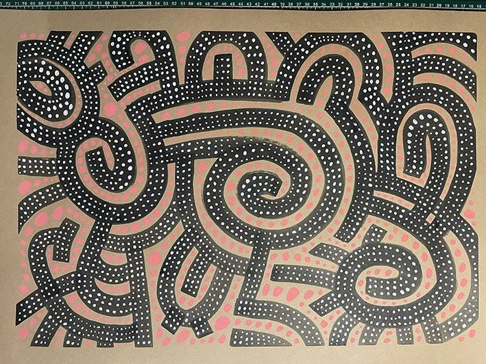 Curves and dots. Acrylic paint on top of drawing ink on tinted paper.