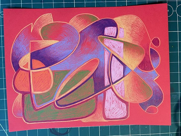 Coloured pencil on coloured paper.