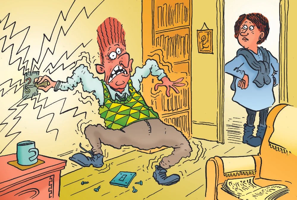 Editorial cartoon from La Settimanna Enigmistica magazine. Someone in nice knitwear getting electrocuted.