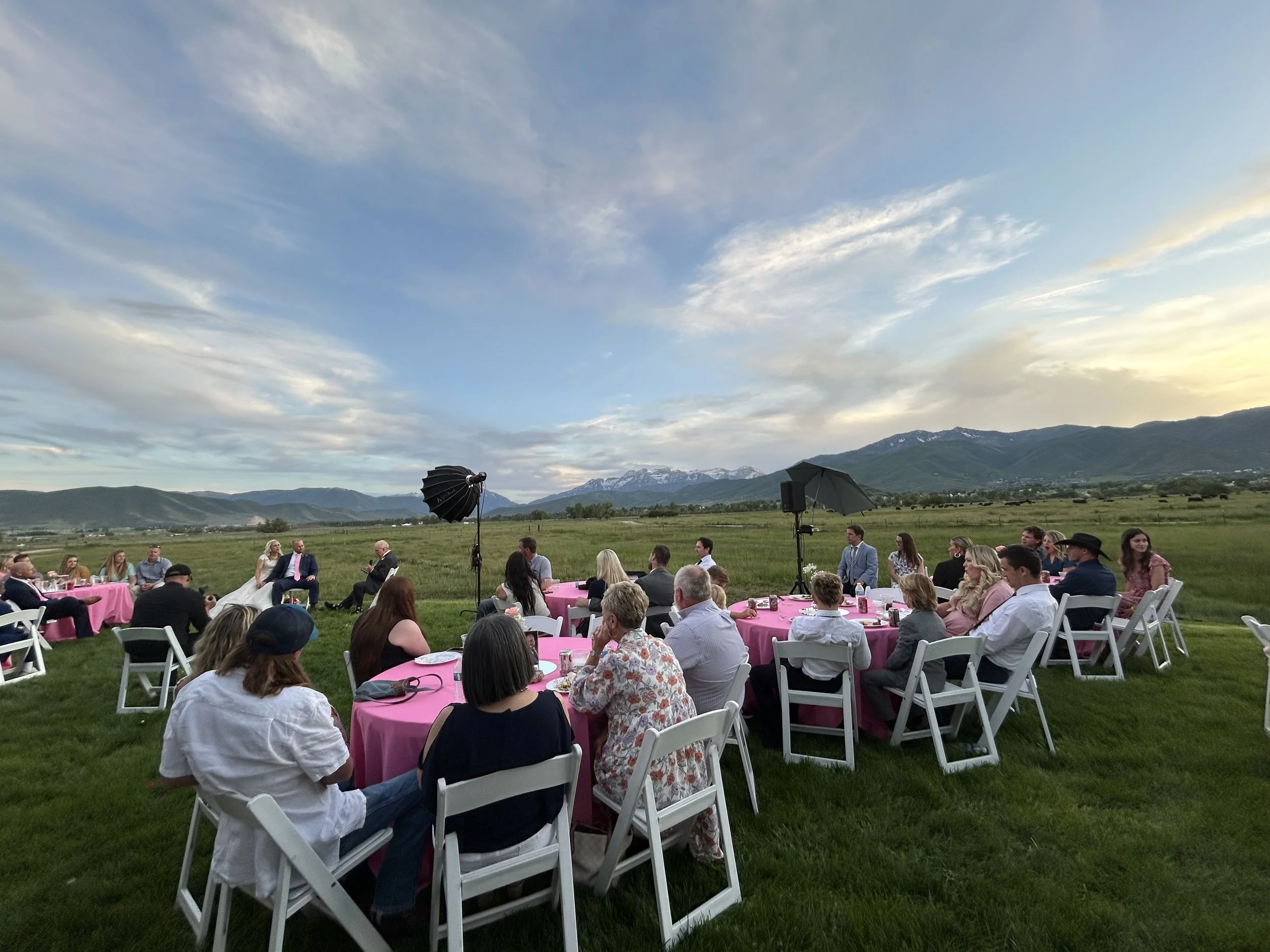 Outdoor wedding reception on a green field with mountains in the background. Guests sit at round tables with pink tablecloths, facing a couple of people seated for a ceremony under a cloudy sky.
