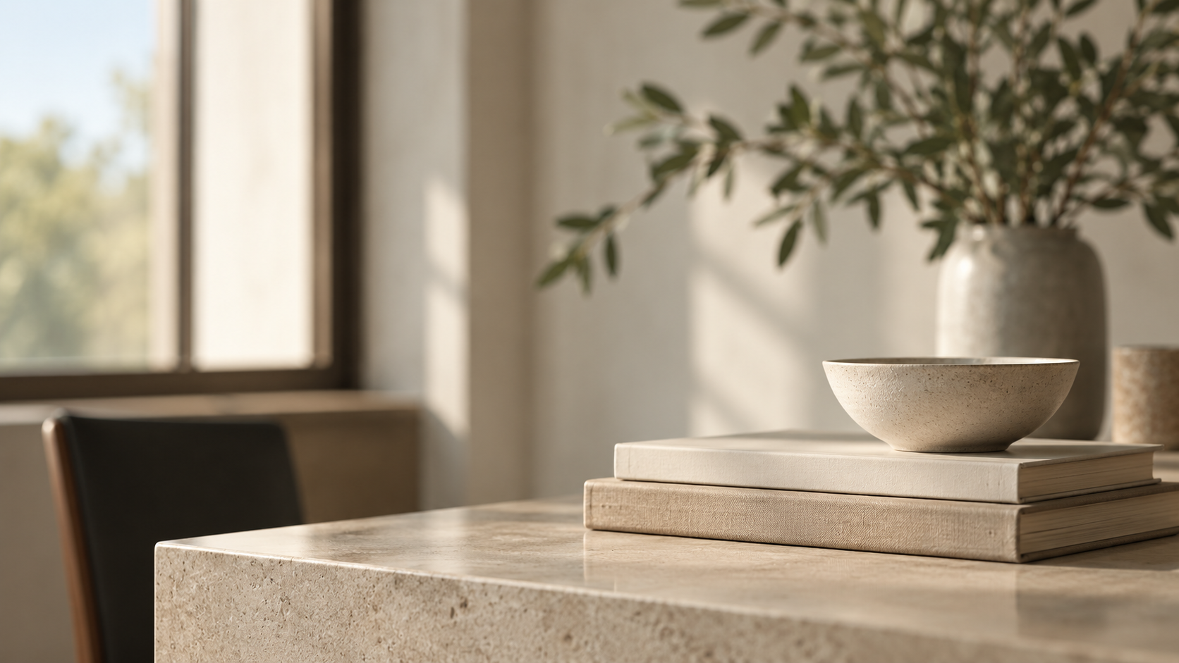 A beige bowl sitting on a stack of two white books on a polished beige stone table, with a neutral-colored vase containing greenery in the background near a window.