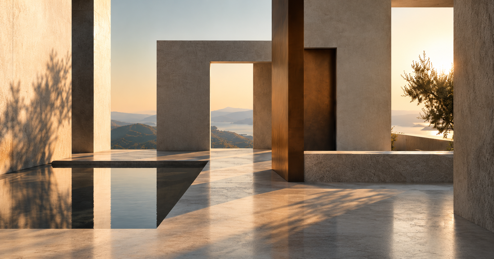 Warm architectural passageways in stone and bronze framing a distant landscape at golden hour, representing perspective, hidden structure, and the Near Enemies framework.