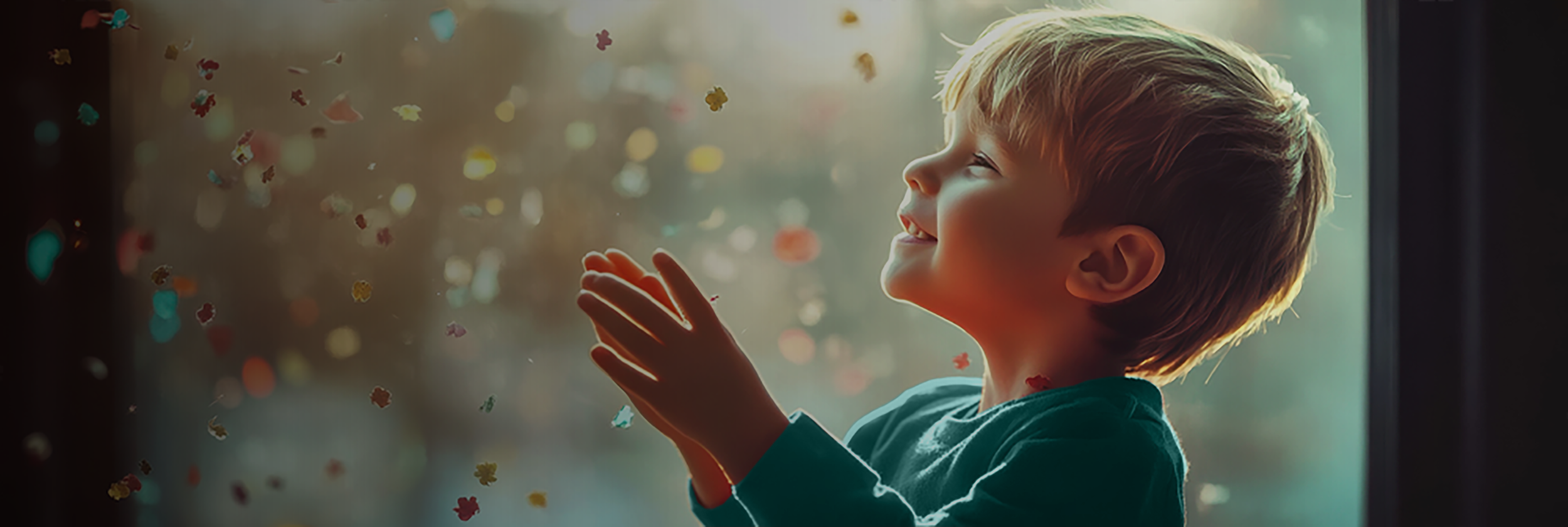 A young boy with blond hair smiling and reaching out towards colorful confetti hanging in the air, standing near a window with sunlight shining through.