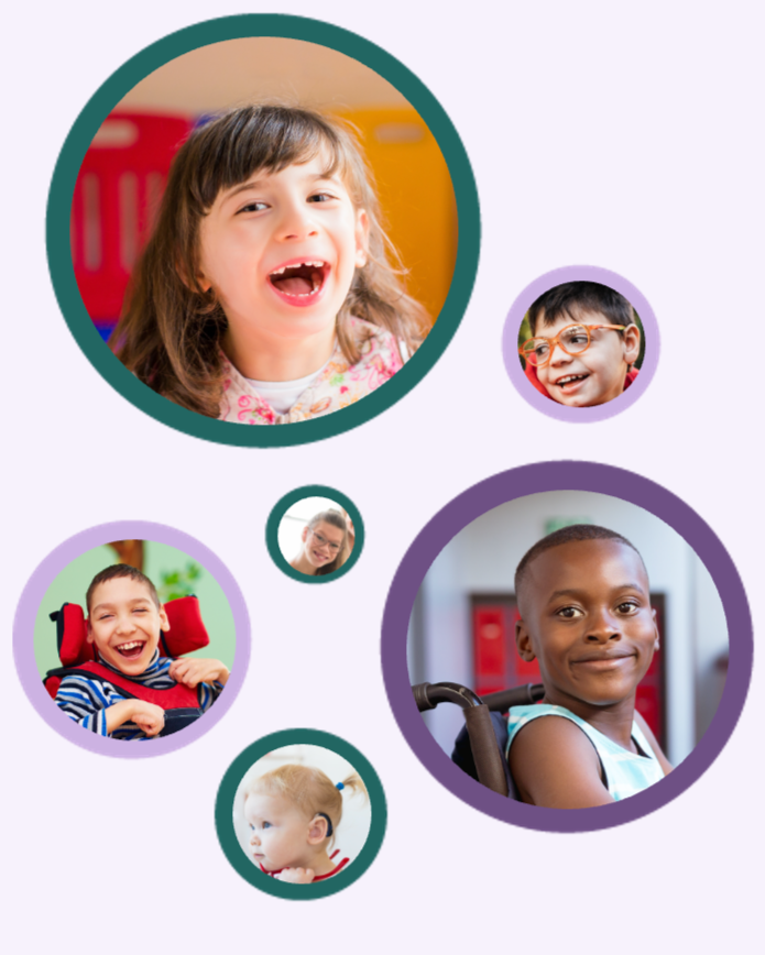 Collage of diverse children, some smiling and others with expressive faces, set in colored circles on a light background.