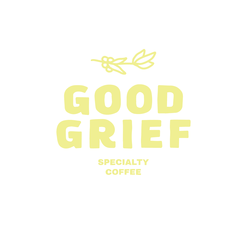 Logo for 'Good Grief Specialty Coffee' featuring a yellow sprig illustration above the name on a black background.