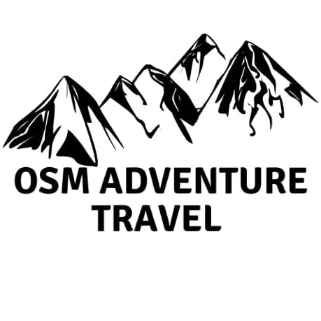 OSM Adventure Travel featuring stylized mountain peaks. partner member for town and county collective media agency