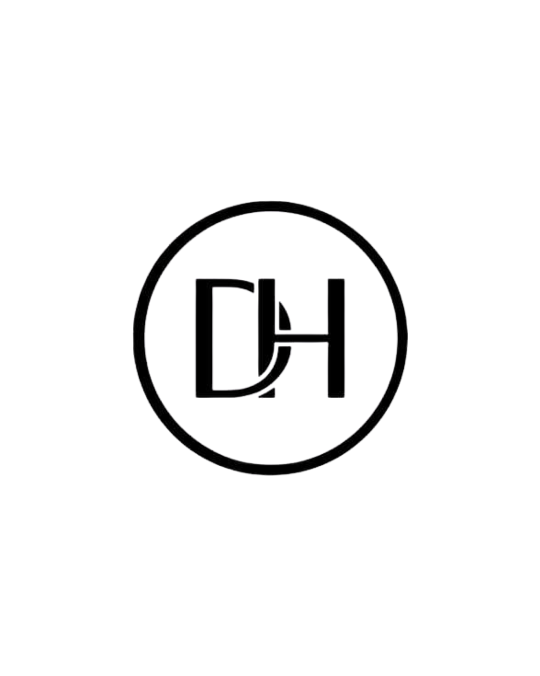 Black logo with a stylized 'DH' inside a circle.