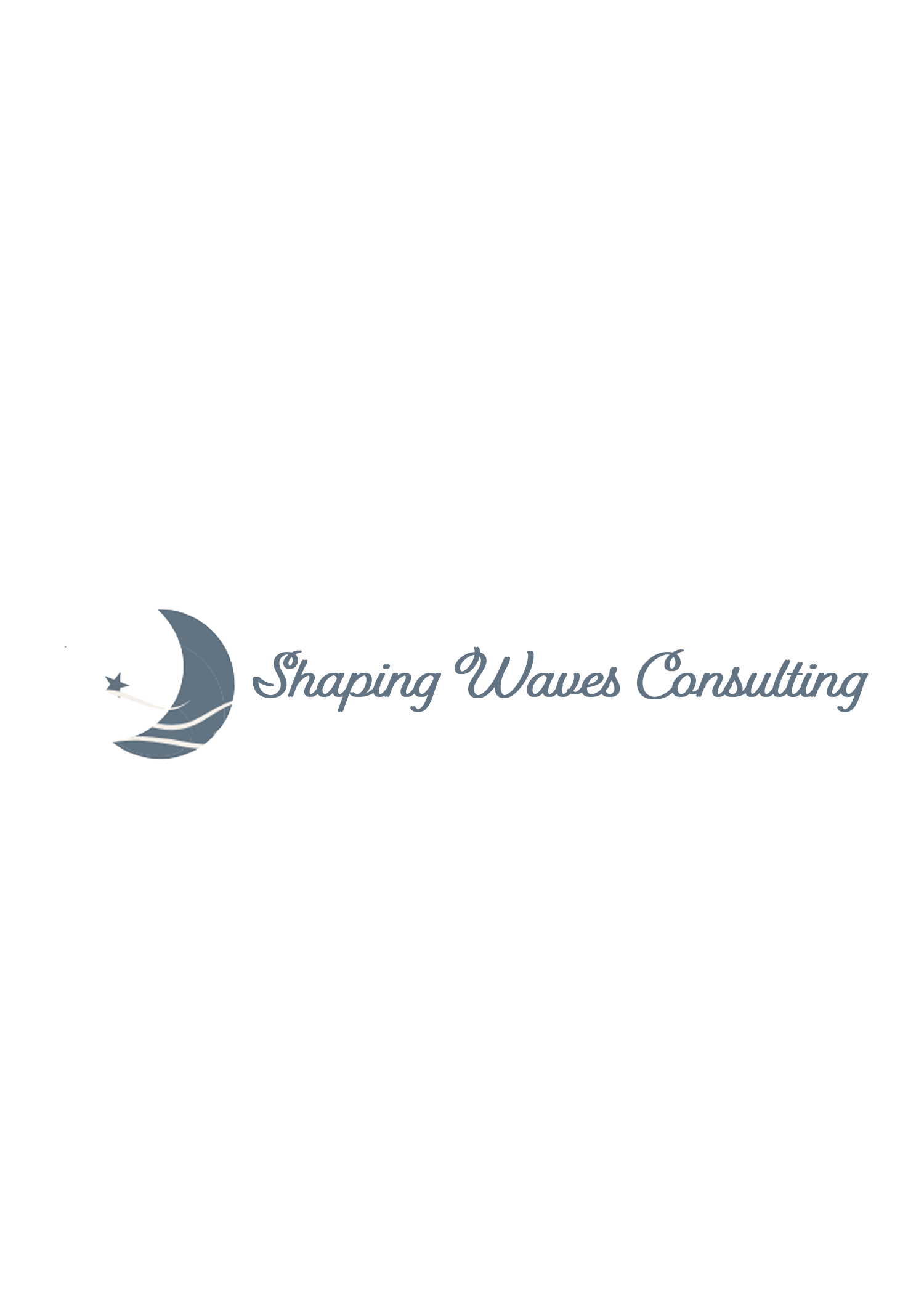 Logo for Shaping Waves Consulting featuring a crescent moon with star and waves, in blue tones, and cursive text.