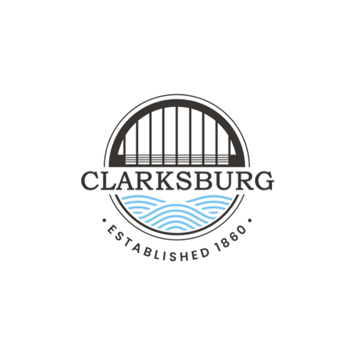 Logo for Clarksburg with a bridge, water waves, and text 'Clarksburg' and 'Established 1860'.