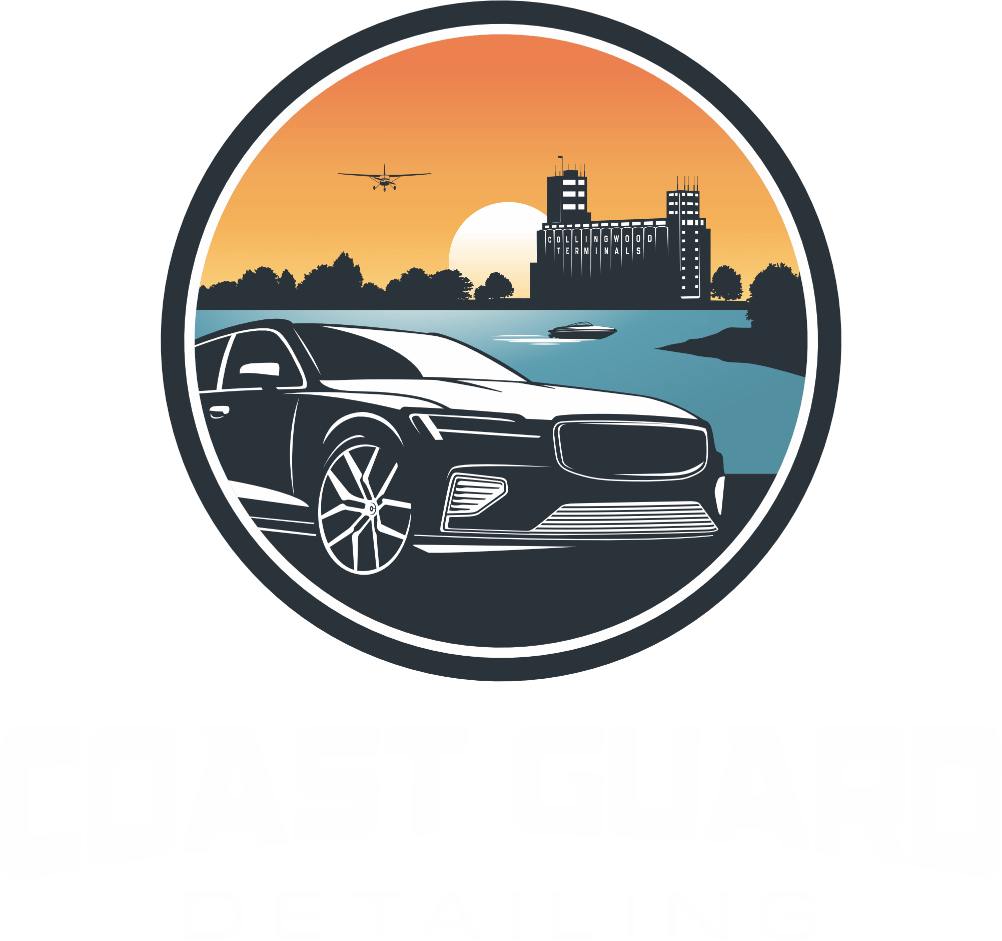 A logo for Coast Guard Detailing featuring a black luxury car in the foreground, a water body with a boat, a cityscape with buildings labeled 'Coolingwood Terminals', an airplane, and the sun setting in the background.