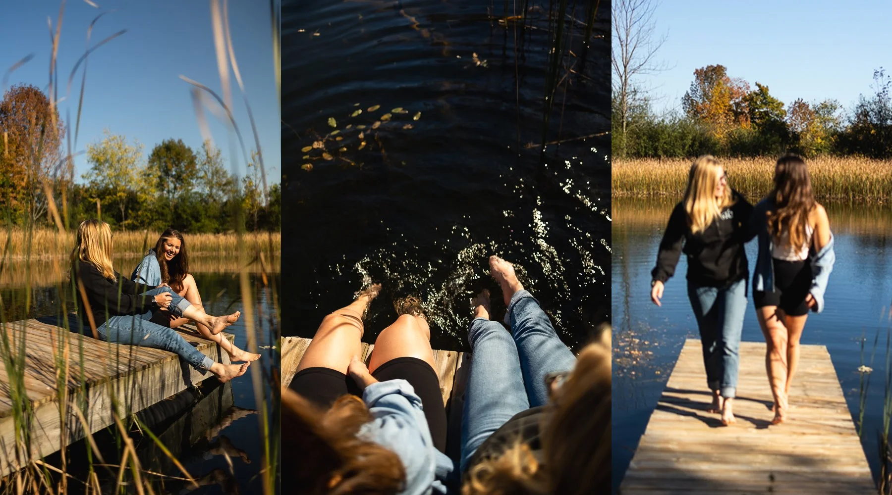 Three photos of two women enjoying a day by a lake. In the first, they sit on a dock with one woman smiling and touching the other's foot. In the second, they sit on the dock with their legs hanging over the water, showing the water and their legs. In the third, they walk hand-in-hand along the dock, with trees and a blue sky in the background.
