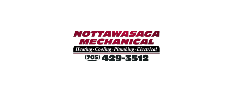 Business card for Notta Wasaga Mechanical featuring black, red, and blue text, with a service phone number