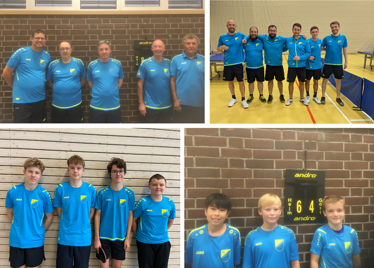 Verschiedene Gruppen von Tischtennisspielern in blauen Mannschaftstrikots fotografiert in verschiedenen Umgebungen, darunter eine Halle mit einem Gitter und eine Wand, sowie eine Holz- und Ziegelwand. Es sind sowohl Erwachsene als auch Jugendliche auf den Fotos zu sehen, die alle vor einem Hintergrund mit einem Tischtennisgerät stehen.