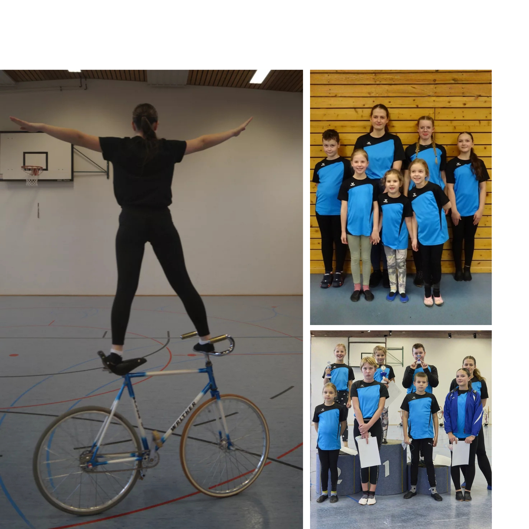 Eine Gruppe von Kindern und Jugendlichen in Sportbekleidung bei einer Turnveranstaltung. Das Bild zeigt sowohl eine Einzelaufnahme eines Mädchens, das auf einem Gleichgewichtstraining mit einem Fahrrad balanciert, als auch Gruppenfotos der Teilnehmer vor einem Holz- und einem weißen Hintergrund.