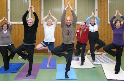 Sieben Menschen beim Yoga in einer Turnhalle, stehen auf Yogamatten in Baumhaltung.