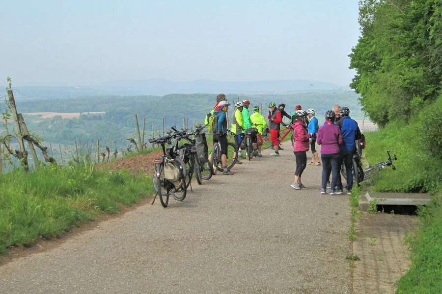 Mehrere Radfahrer und Spaziergänger auf einer ländlichen Straße mit Fahrrädern, umgeben von grüner Natur und Weinreben, mit Blick auf eine hügelige Landschaft im Hintergrund.