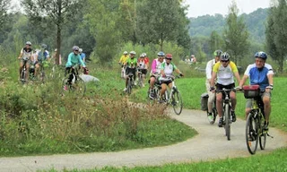 Gruppe von Radfahrern auf einer Naturbahn im Grünen