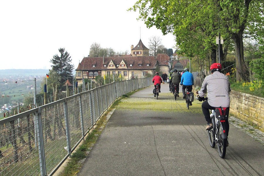 Fünf Radfahrer radeln auf einem Weg neben einem Zaun, mit historischen Gebäuden im Hintergrund und einigen Bäumen auf der rechten Seite.