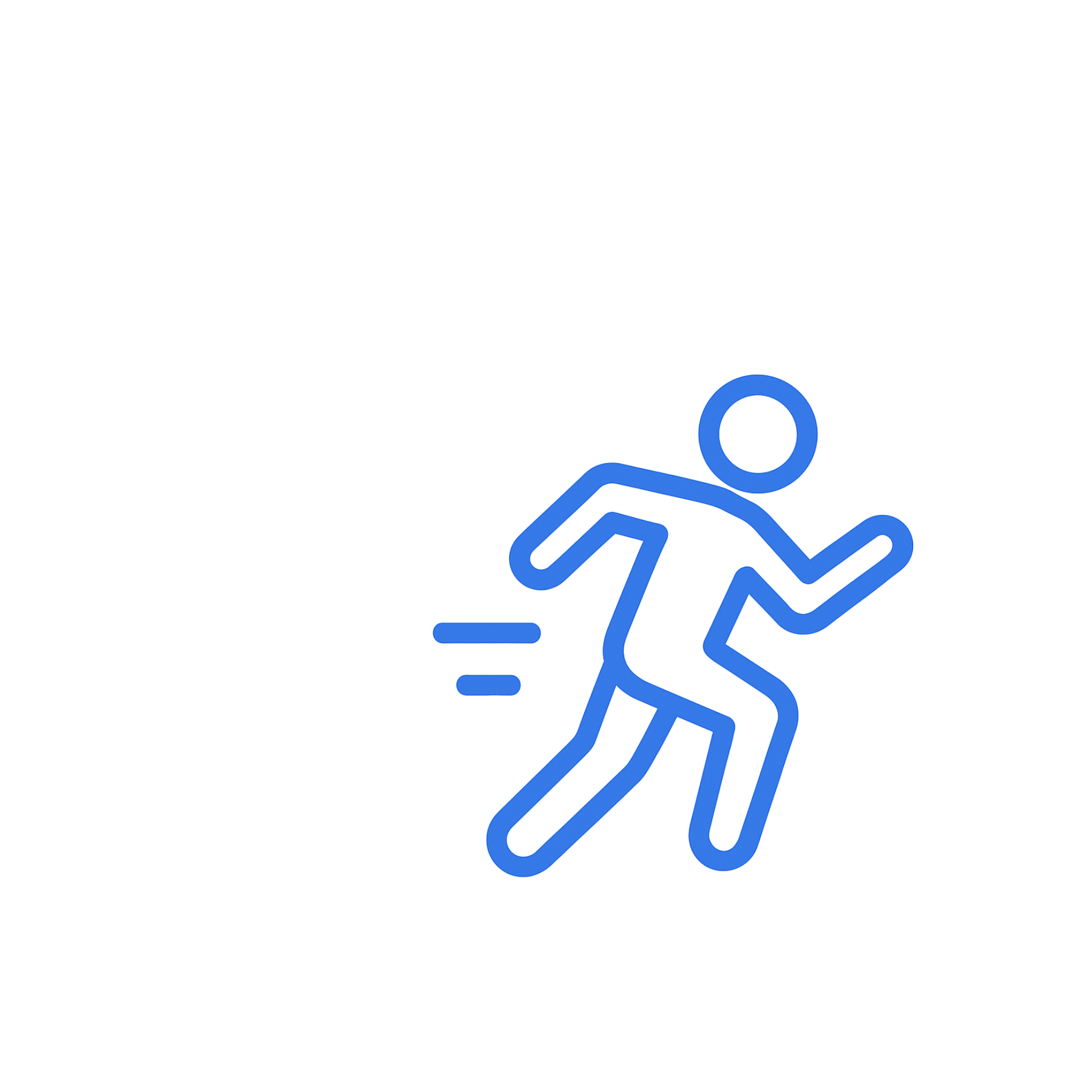 Symbol eines laufenden Menschen in blauer Linienzeichnung.