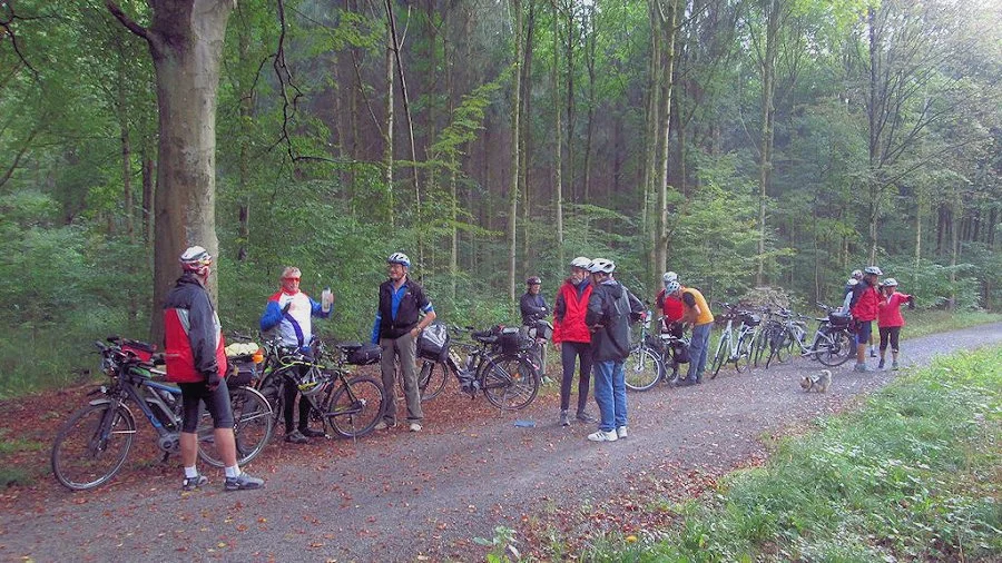 Eine Gruppe von Personen mit Fahrrädern und Helmen macht eine Pause in einem grünen Waldgebiet auf einem Weg, einige sprechen miteinander, andere schauen sich um.