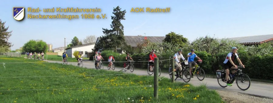 Gruppe von Radfahrern, die eine Landstraße entlangfahren, mit Bäumen und Häusern im Hintergrund, bei sonnigem Wetter.
