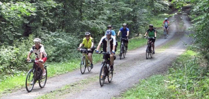 Mehrere Kinder und Jugendliche fahren Fahrrad auf einem Weg durch einen bewaldeten Bereich.