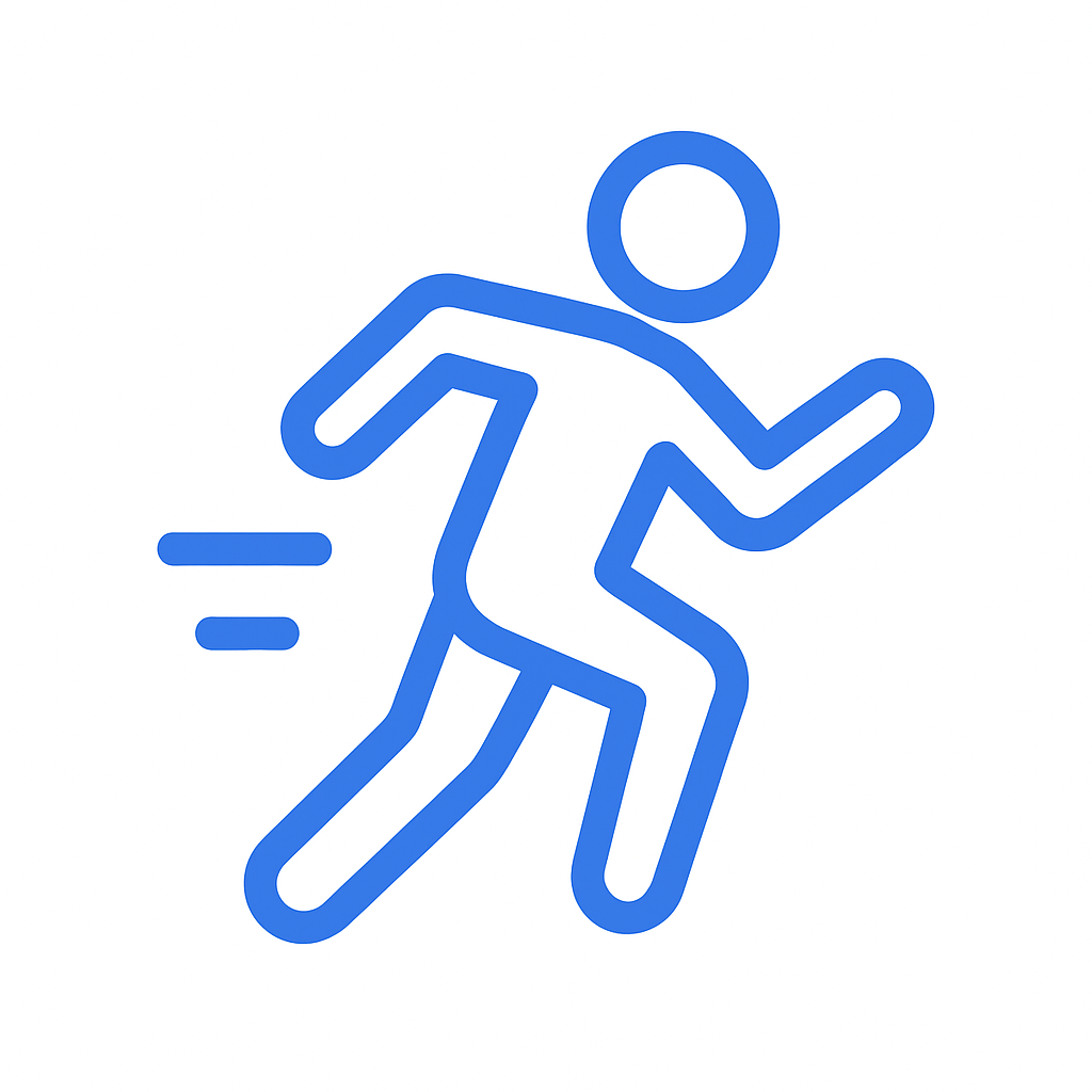 Symbol eines laufenden Menschen in blauer Linie, der Geschwindigkeit zeigt.
