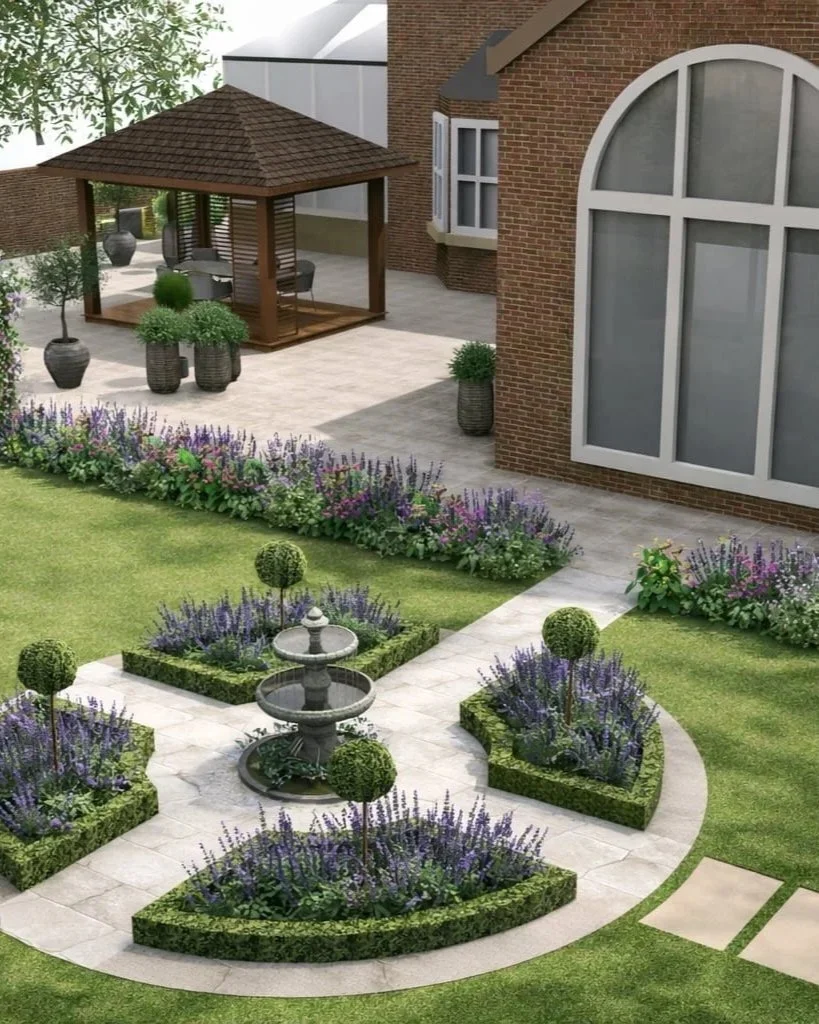 Garden with fountain and circular topiary