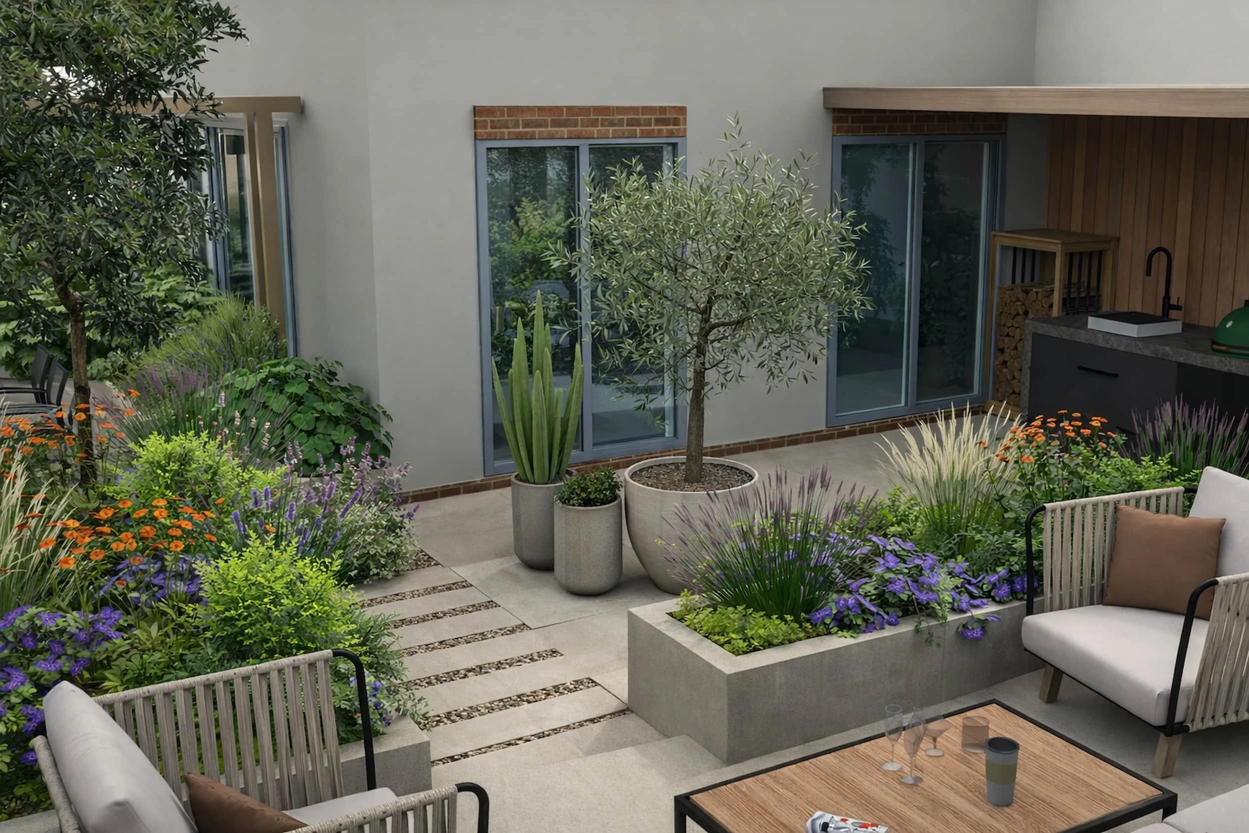 Planting-led garden with raised concrete planters, an olive tree feature, and stepped pathways connecting seating areas to the house