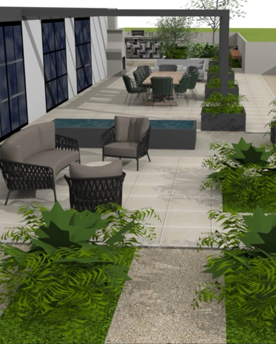 Modern outdoor living, softened with planting.

Different views of one garden. Calm, contemporary and designed for easy outdoor living all year round. Strong lines balanced with layered, natural planting to bring texture and warmth into the space.

#