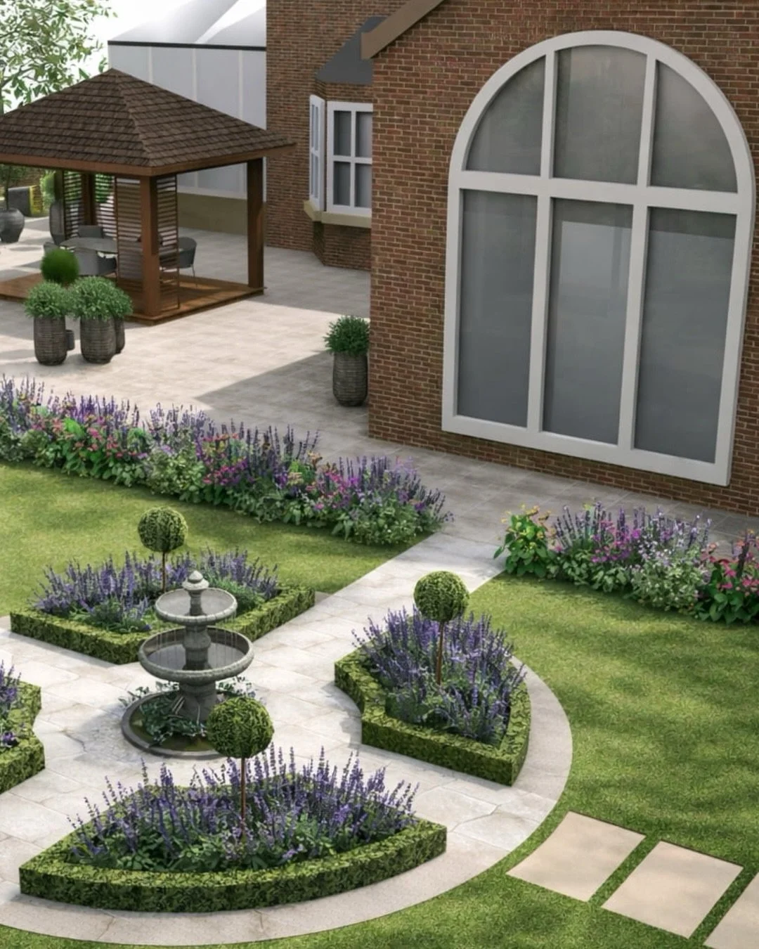 A garden designed to feel calm, balanced, and beautifully layered.

Soft curves guide you through the space, with structure from clipped topiary and a timeless central fountain anchoring the design. Planting is naturalistic yet refined, with flowing 