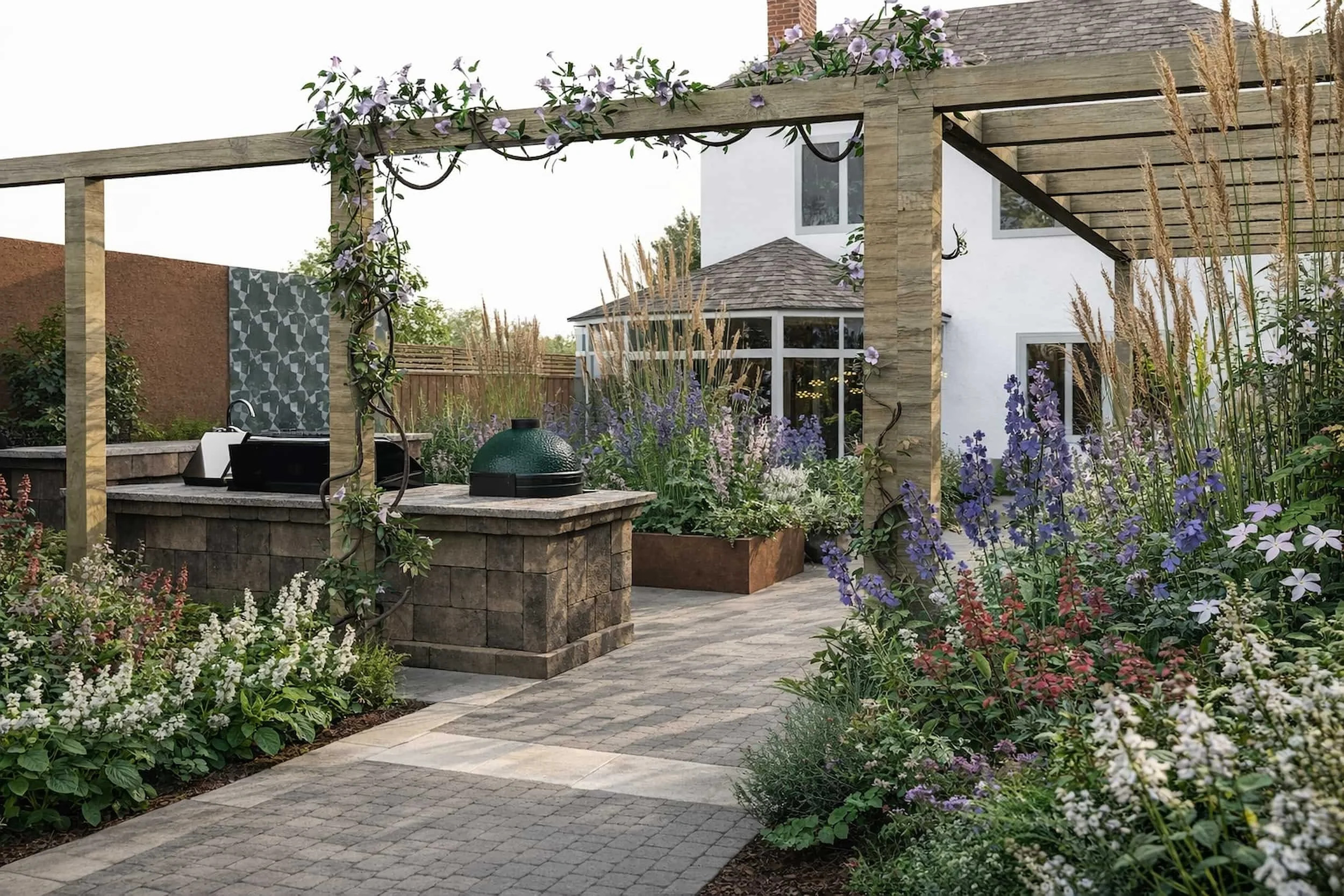 A render with house in the background, red and purple planting, outdoor kitchen and wooden pergola.