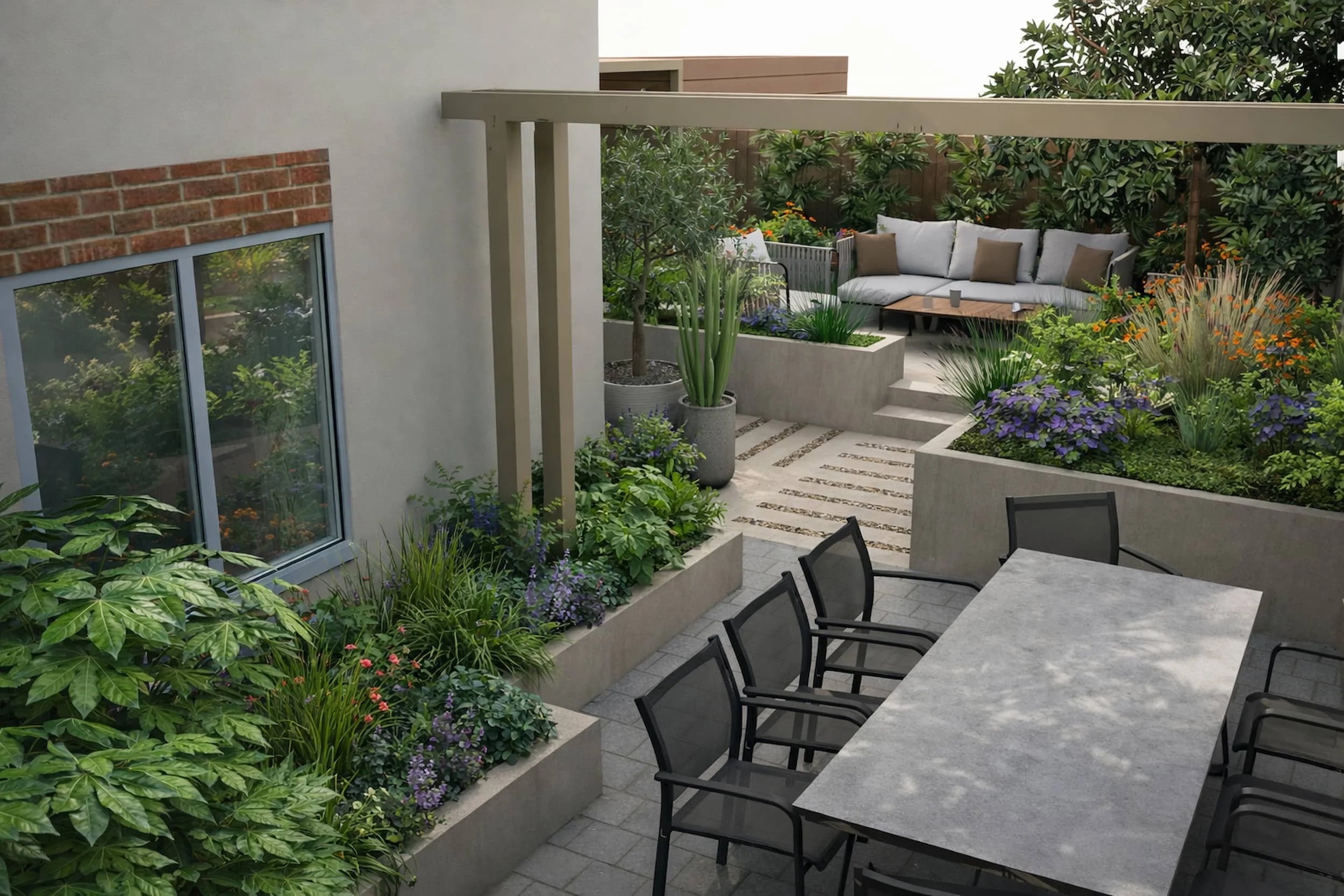 Contemporary garden design with a dining terrace and pergola leading to a raised seating area, surrounded by layered planting of shrubs, grasses and flowering perennials.
