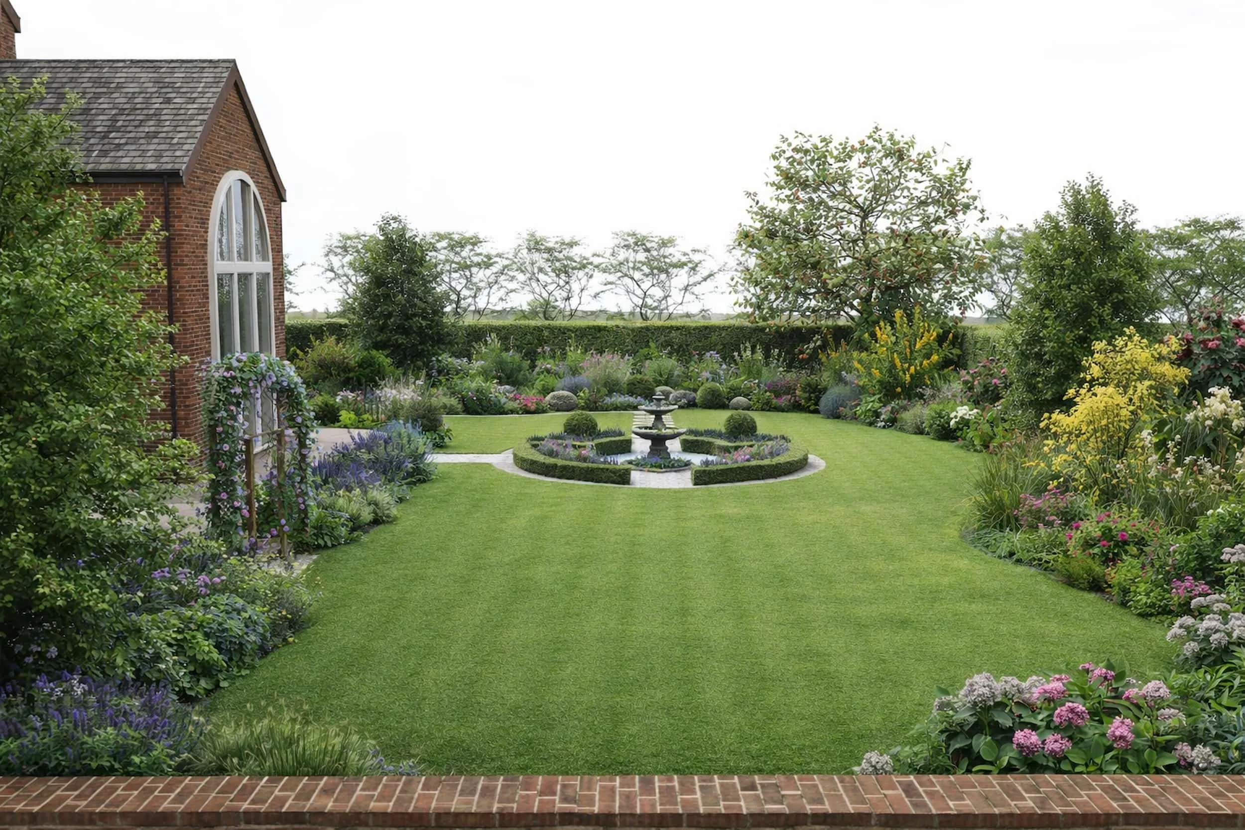 A render view the side of the back of house. Lawn. Curved formal beds. Fountain with topiary hedges and lavender