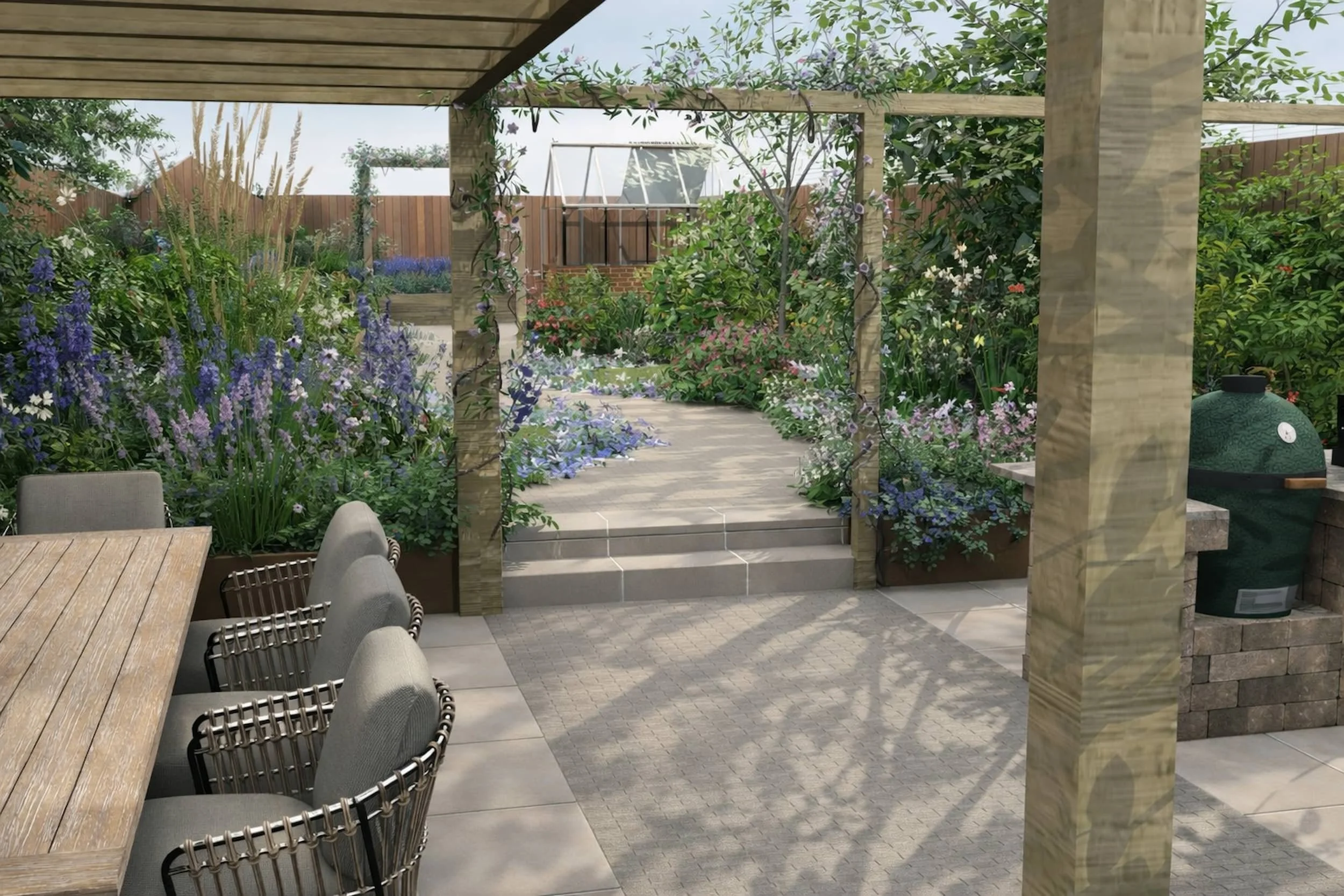 A render of a garden with wooden pergola, 8 seater dining table, abundant planting