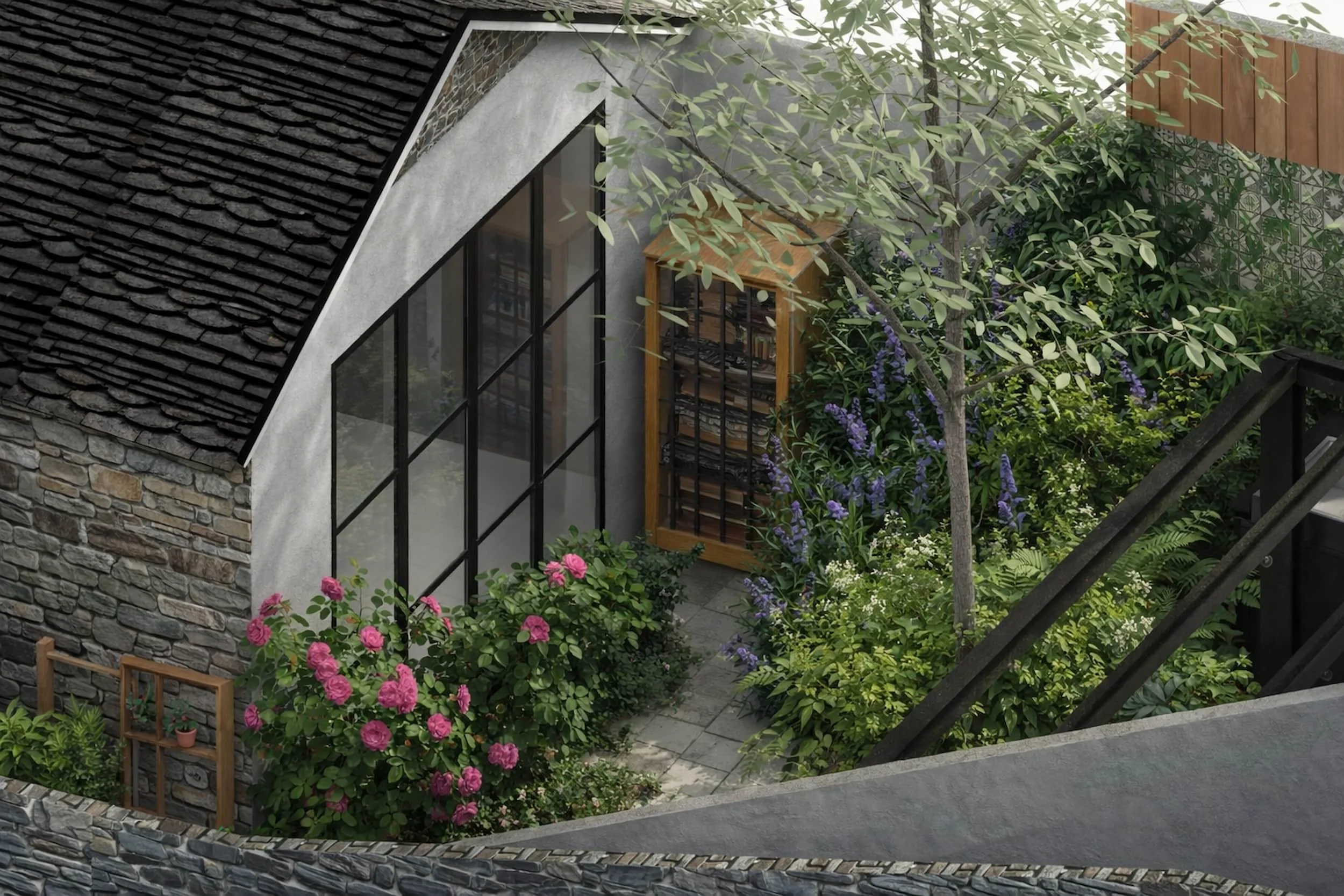 Layered garden pathway bordered by shrubs, climbers, and small trees, leading to a contemporary garden room with stone walls, timber detailing, and large glazed doors