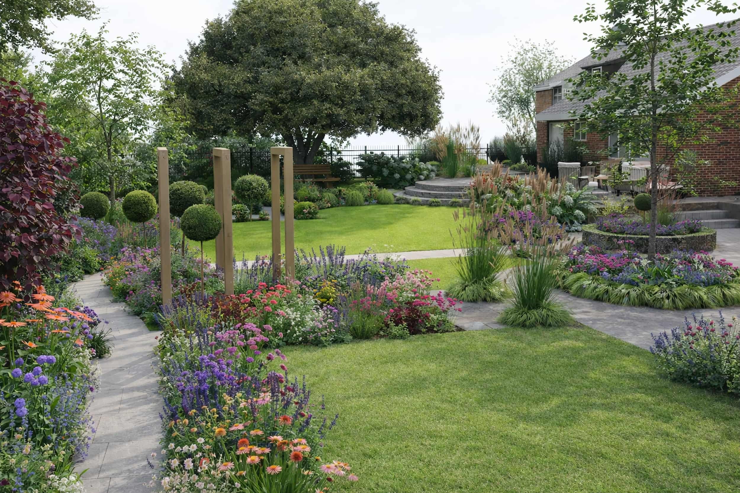 Countryside garden as a CAD render showing lawns, perennial planting beds, topiary lollipop trees and three wooden archways.