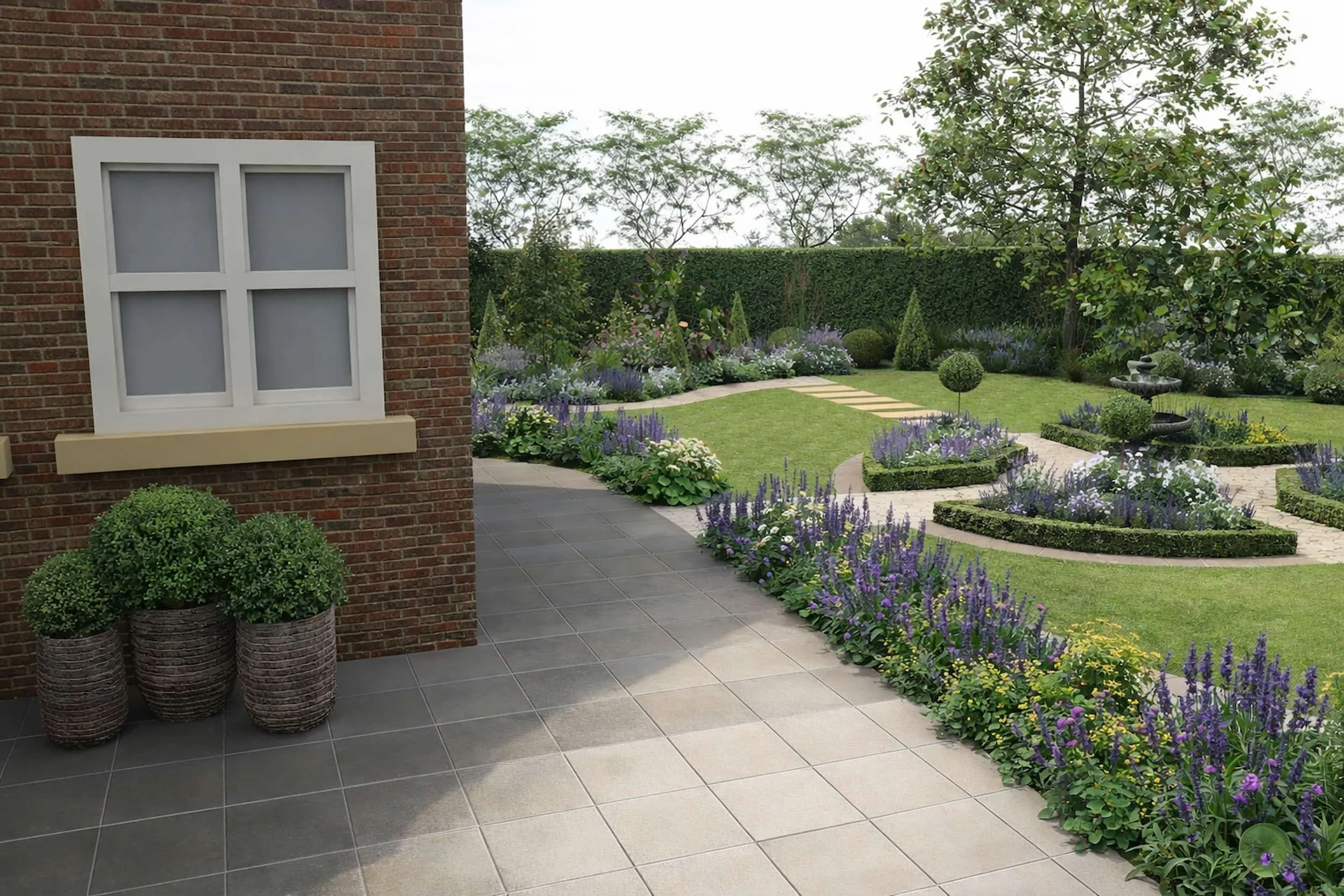 A render showing section of country house, patio beige sandstone, row of perennial planed bed, fountain, topiary low hedges, clipped yew hedge