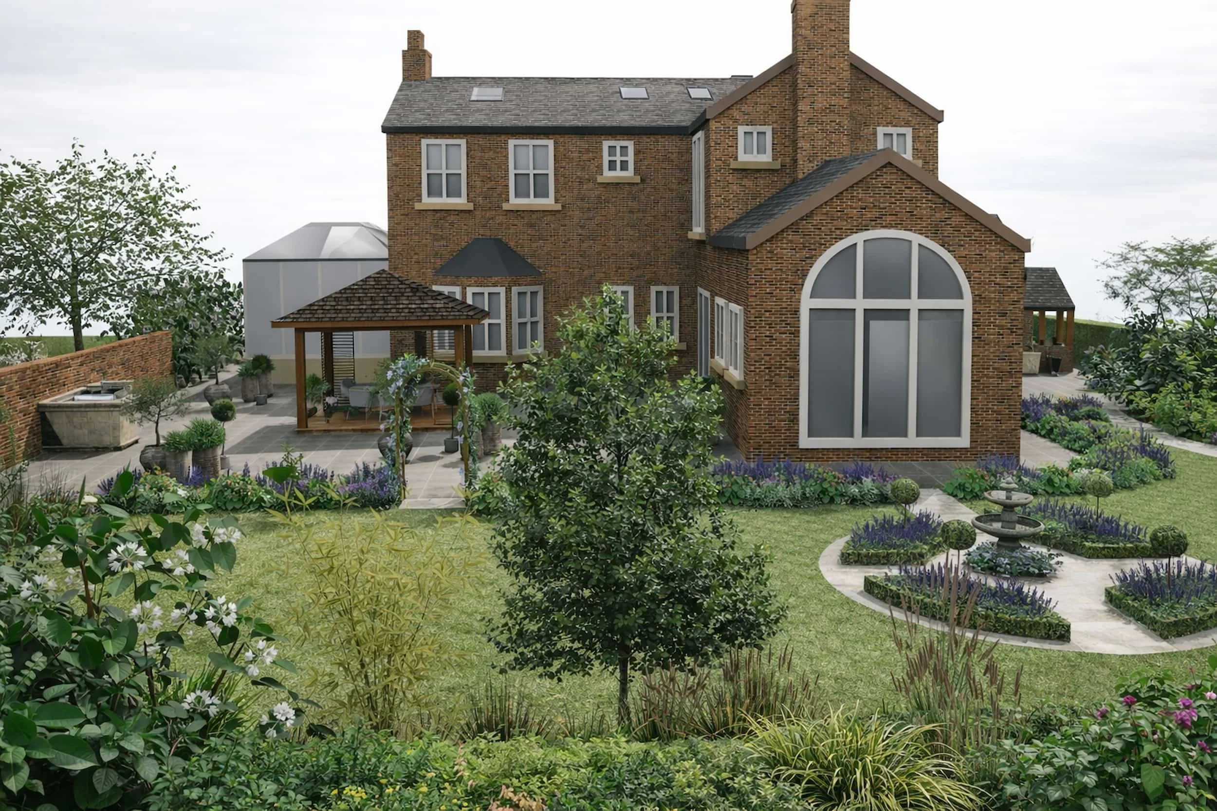 A render of the back of a large country house newly built. Covered pergola, lawn, curved planted beds and fountain