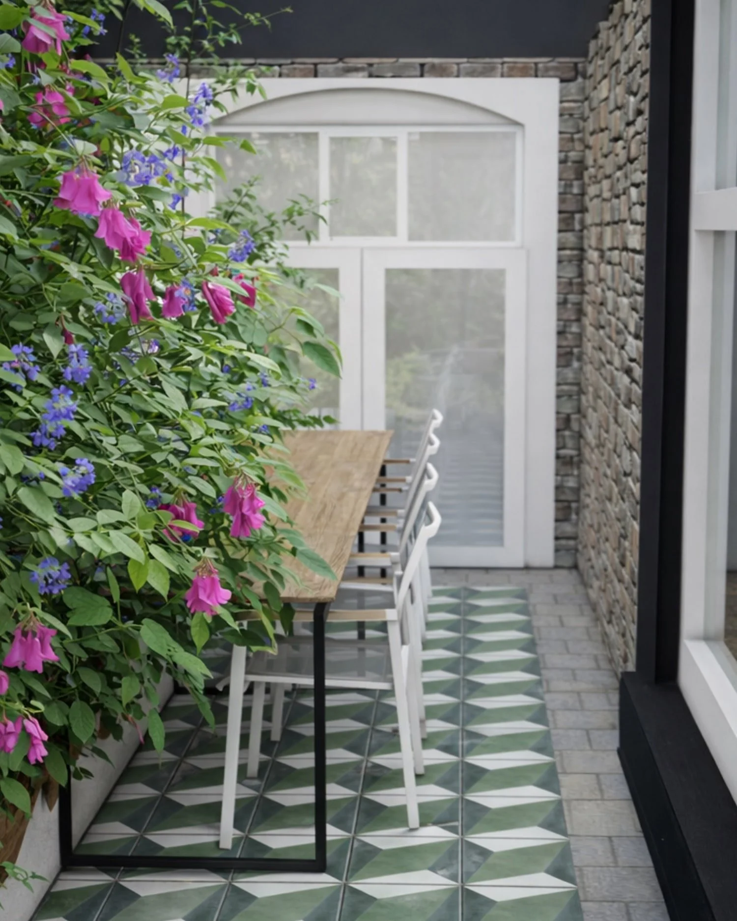 Garden dining terrace with patterned paving, climbing flowering plants and contemporary outdoor seating