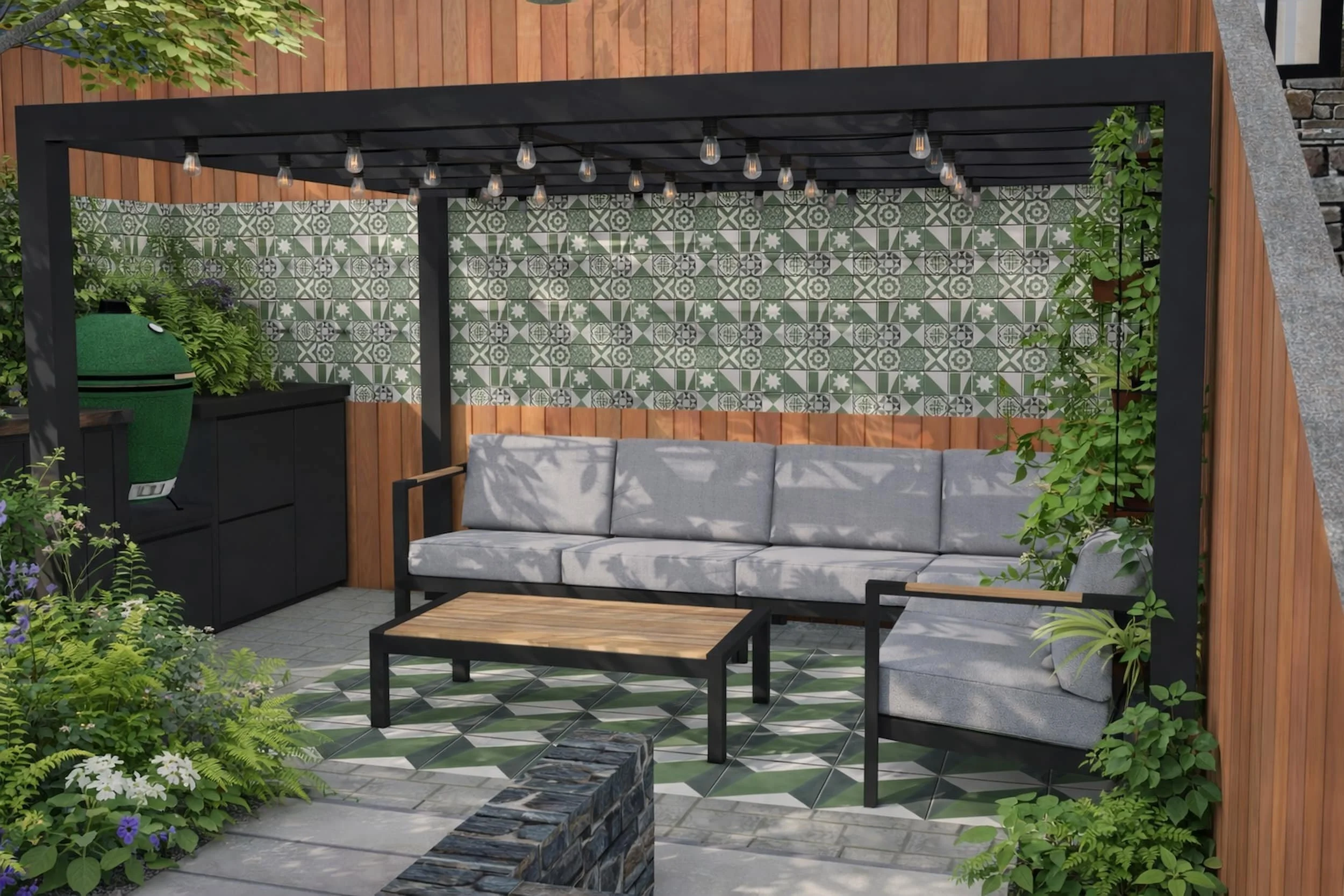Covered pergola seating area with patterned tiled flooring, built-in outdoor sofa, timber cladding, and climbing plants creating a sheltered garden room