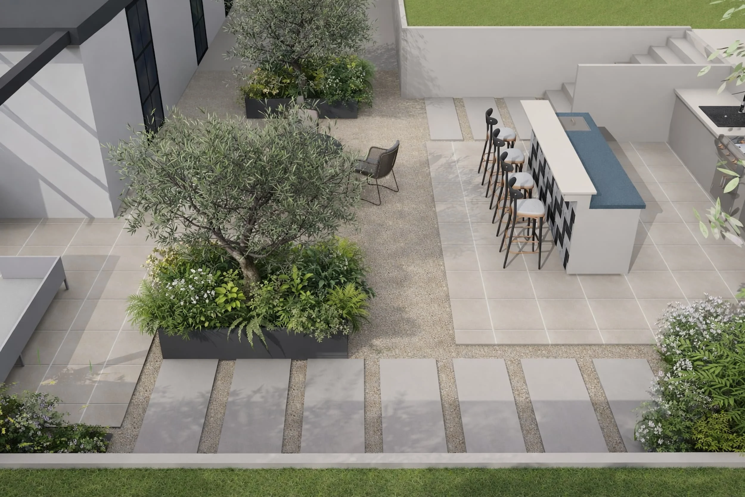 Contemporary garden layout with raised planter trees, stepping stone pathways, outdoor bar seating and gravel surfaces, creating a structured yet relaxed entertaining space.