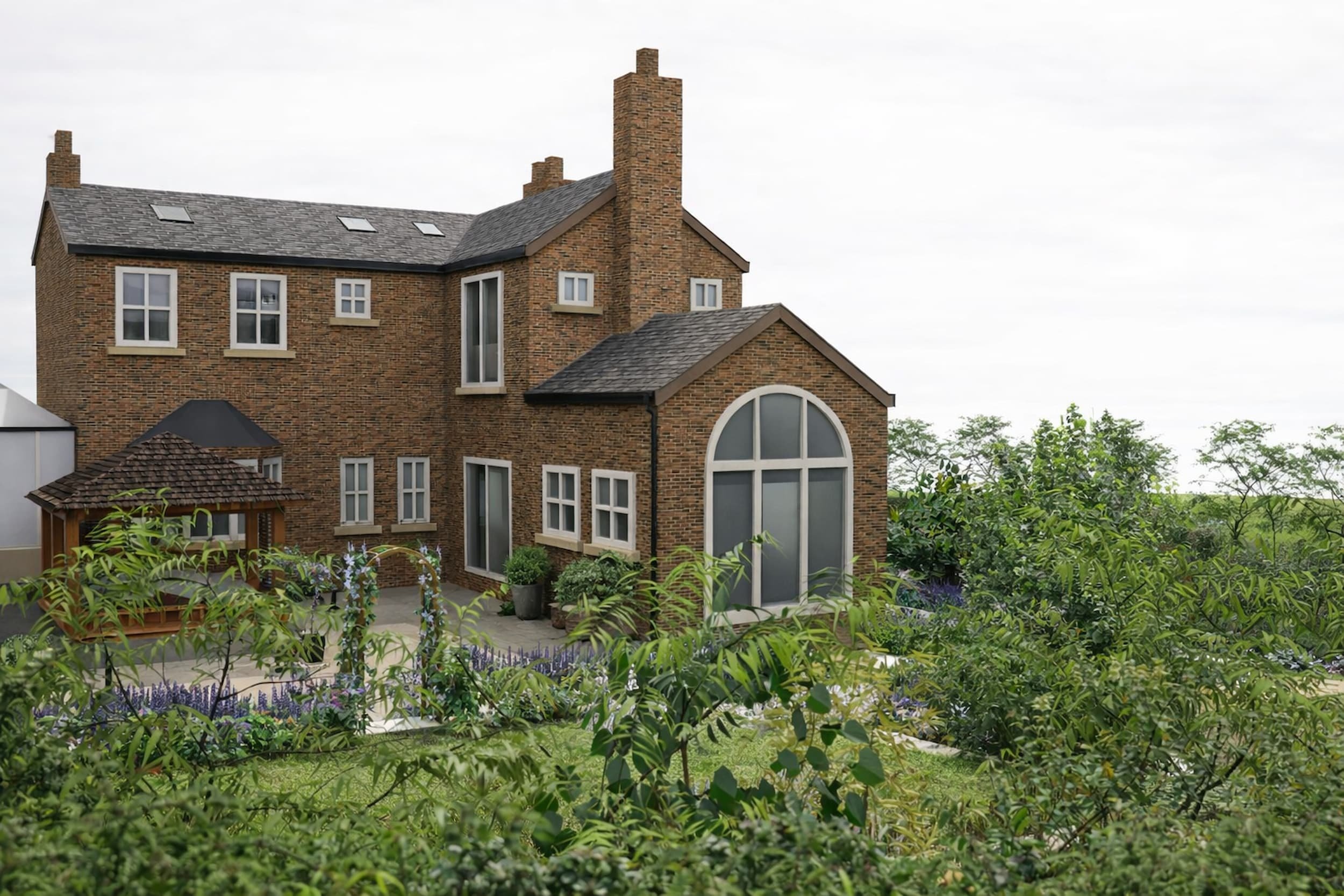 A render close up of the back of country house, looking from over the hedge and view through the trees.