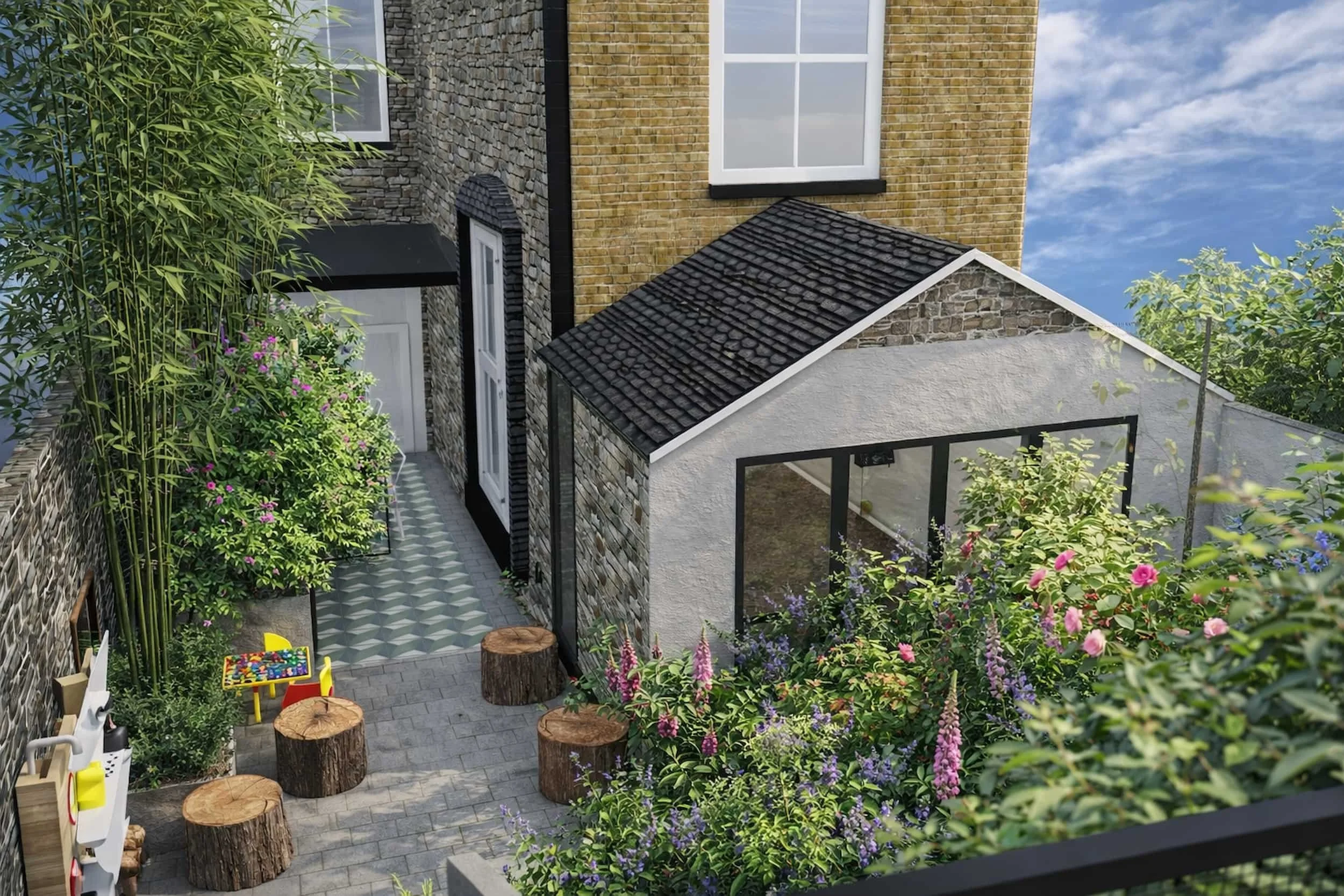 Planting-led courtyard garden with a stone-paved seating area, dense layered borders, bamboo screening, and a contemporary garden room with glazed doors