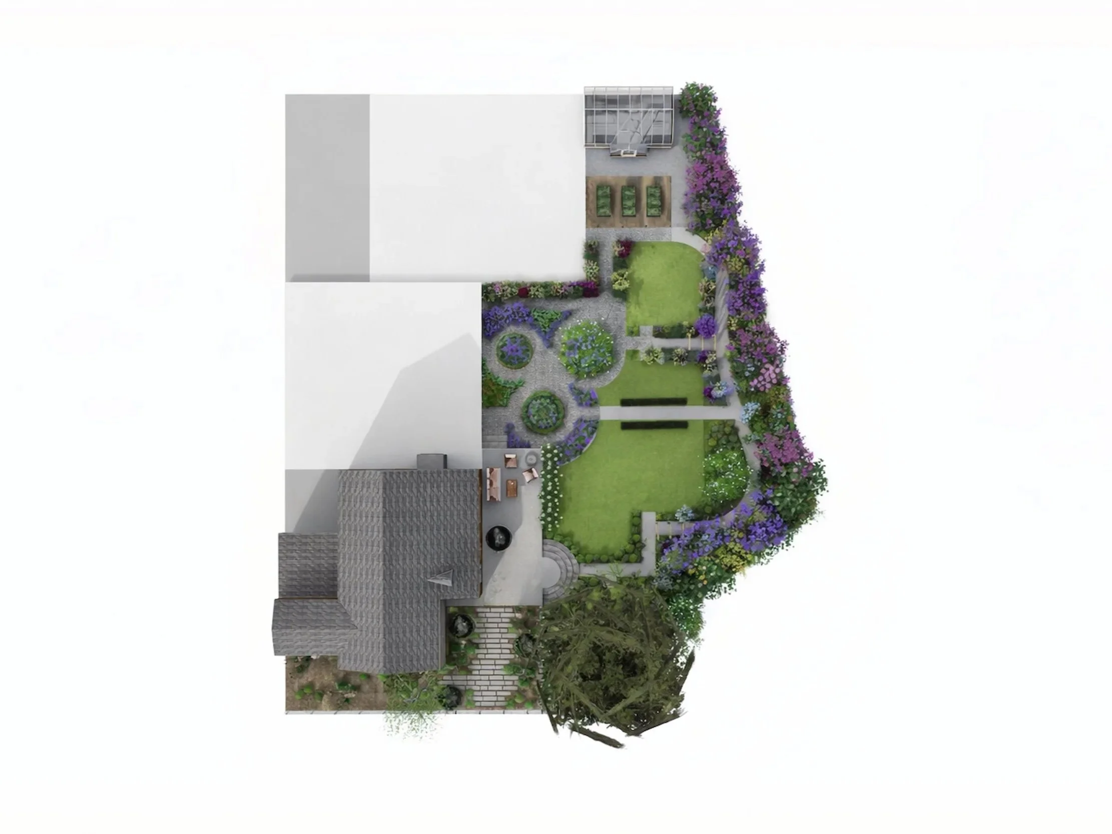 2D plan of the country side garden showing the house and the plans for the new garden