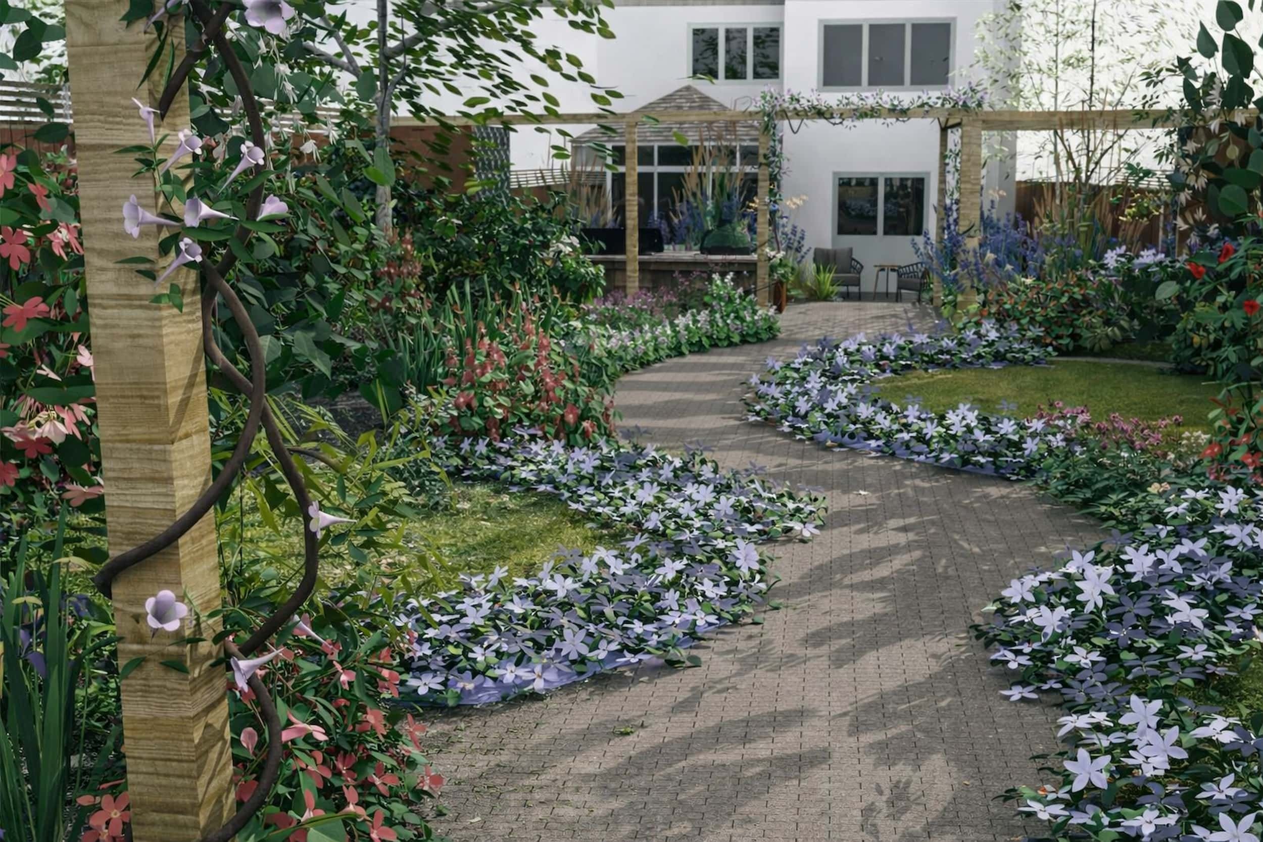 A render of a garden looking forwards the house, curved path, circular lawns and abundant planting. Outdoor kitchen with pergola.