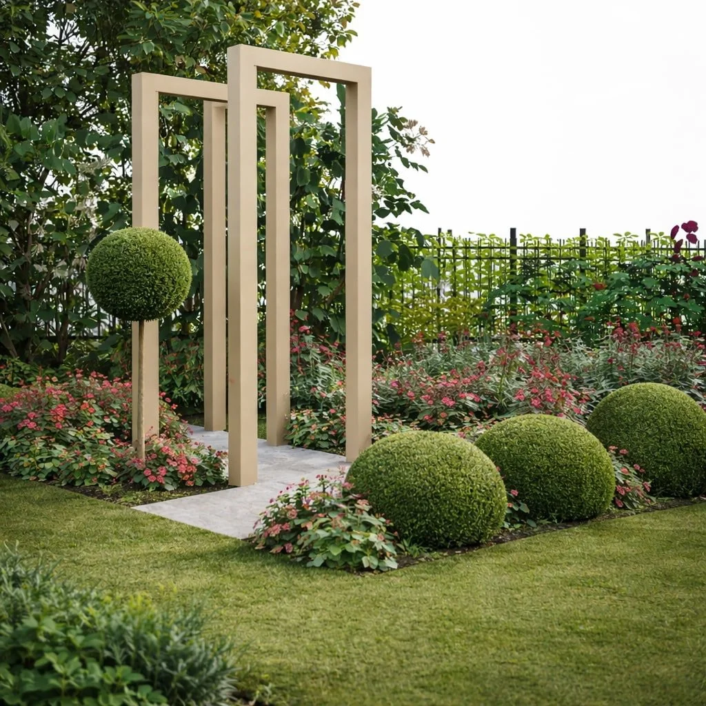 Close up of topiary balls, mixed amongst red planting, with wooden archways.