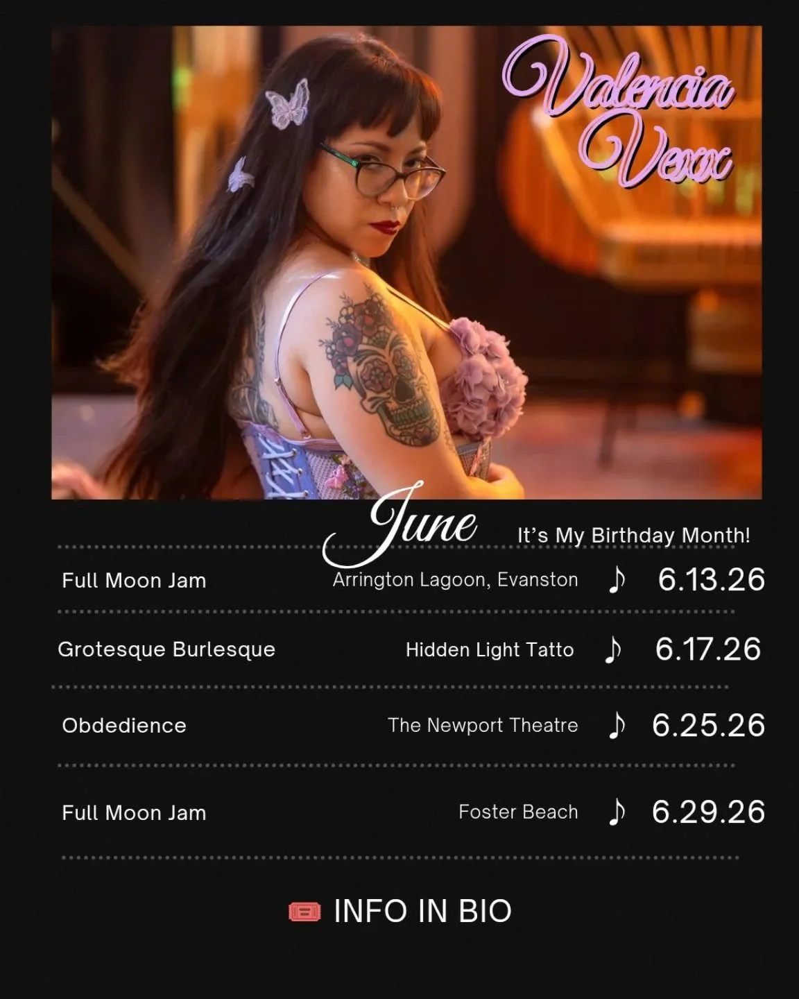 HAPPY PRIDE MONTH! ❤️🧡💛💚🩵💙💜

I'm so excited to be outside this June! Also, did you know it's My Birthday month? Now you do 😉 

Want to know where you can find me?

🔥6/13 Full Moon Jam - Arrington Lagoon in Evanston - FREE SHOW!

🎨 6/17 Grote